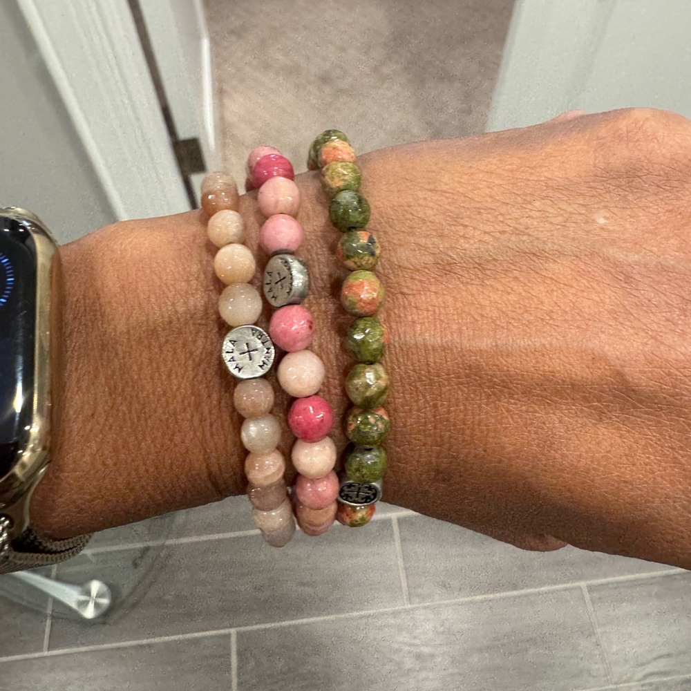 Mantra Gemstone Bracelet Set - Pink, Green, and Brown Mala and Mantra